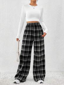 SHEIN LUNE Pantalones holgados de cintura elástica a cuadros para mujer