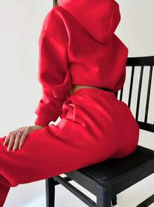 INAWLY Women's Solid Color Crop Top And Shorts Set Fall Cloth For Women - Red - View 2