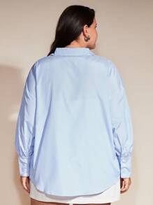 SHEIN BASICS Plus Pinstriped Drop Shoulder Shirt - Blue and White - View 2