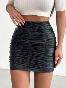 EURMUSE Women'S Pleated Pu Leather Skirt - Black - View 5