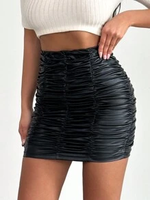 EURMUSE Women'S Pleated Pu Leather Skirt - Black - View 1