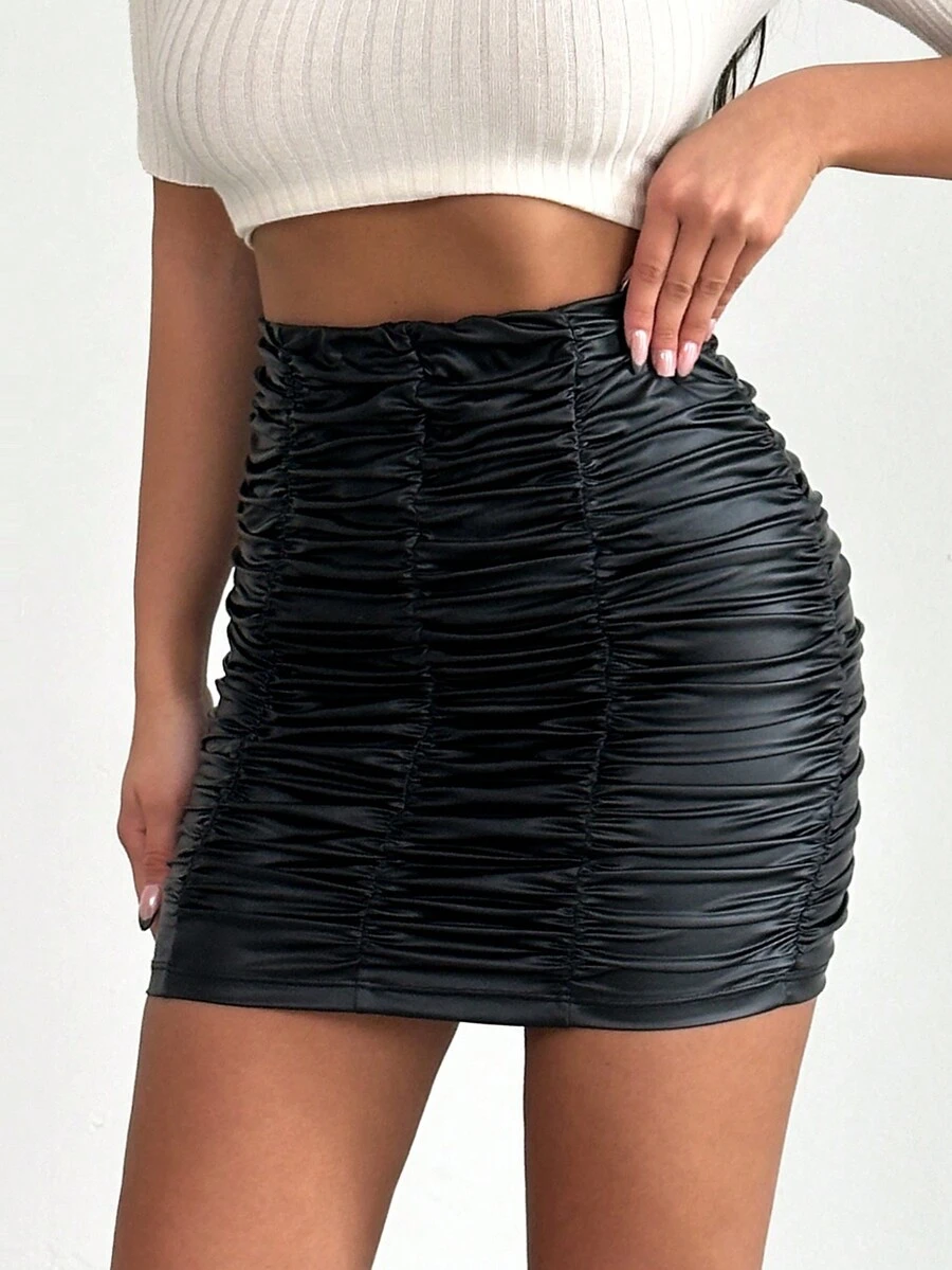 EURMUSE Women'S Pleated Pu Leather Skirt - Black - View 1