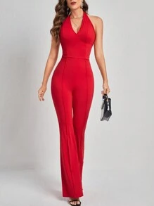 SHEIN Tall Women's Sleeveless Halter Neck Jumpsuit - Red - View 4