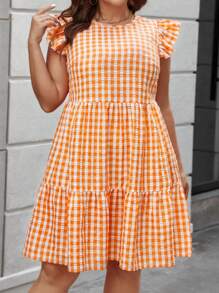 SHEIN LUNE Vestido De Cuadros Vichy Con Borde De Volante Y Talla Grande Para Mujeres - Naranja - Ver 3