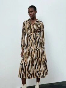 GENKIRA Zebra Print Long Sleeve Women'S Belted Shirt Dress - Multicolor - View 4