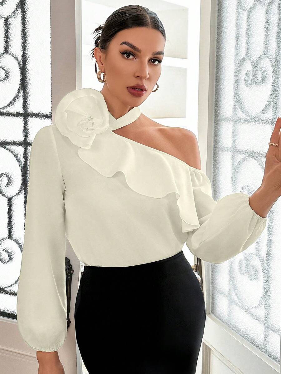 SHEIN Privé Camisa asimétrica con cuello para mujer con decoración de flor en 3D - Albaricoque - Ver 1