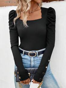 SHEIN Privé 金屬扣裝飾泡泡袖方領t恤 - 黑色 - 查看 3