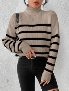 SHEIN Essnce Women'S High Neck Striped Sweater - Mocha Brown - View 3