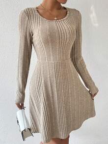 SHEIN Essnce 女修身羅紋長袖連身裙 - 灰色 - 查看 3