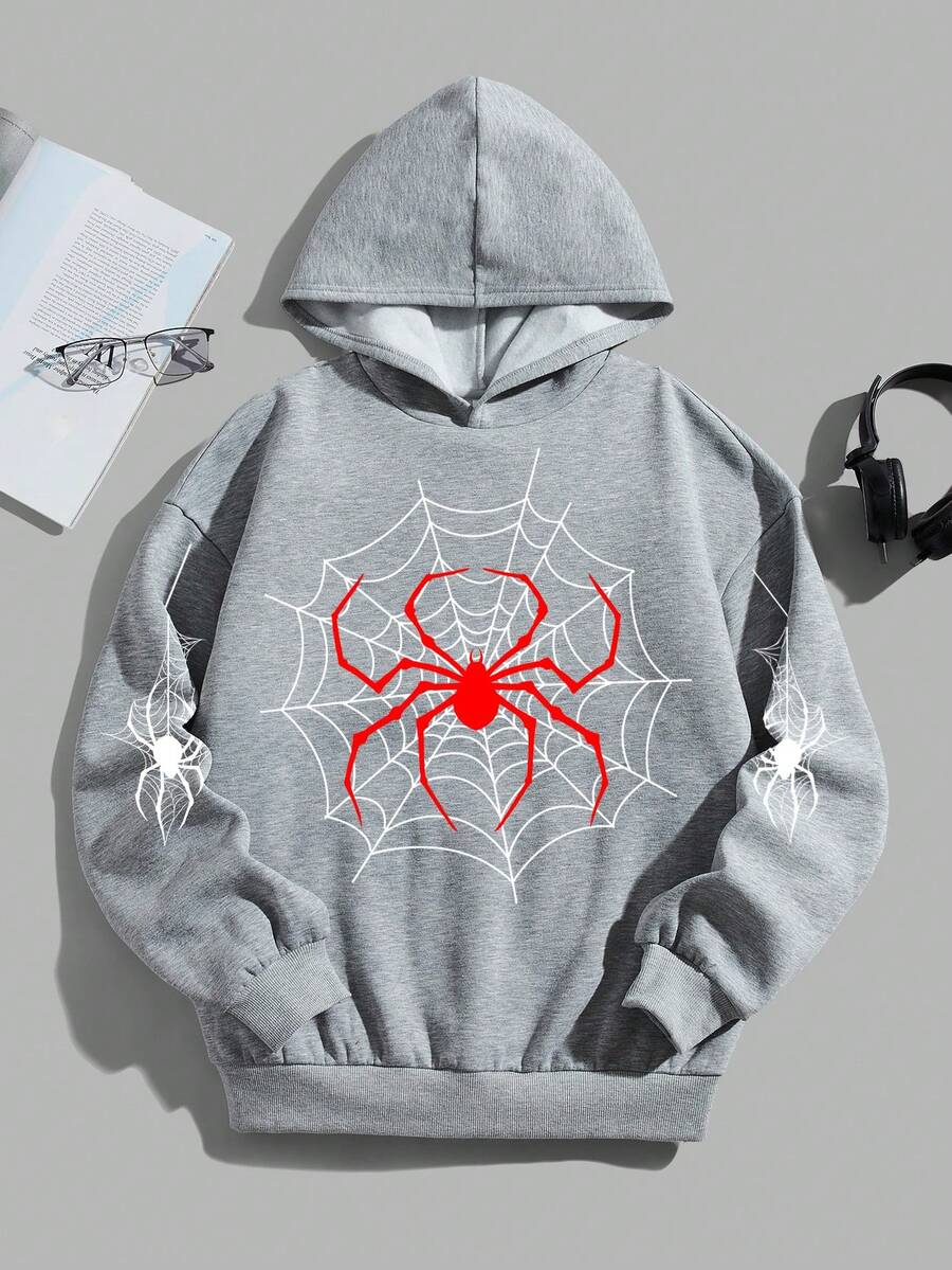 青少年男童休閒蜘蛛圖案長袖連帽衛衣適合秋冬 - 灰色 - 查看 1