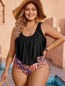 Swim Lushoire 大尺碼女式印花一片式泳衣,雙肩帶 - 彩色 - 查看 5