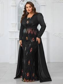 YISIKADO Plus Size Sequined Panel Evening Party Dress With Long Sleeves - Multicolor - View 7