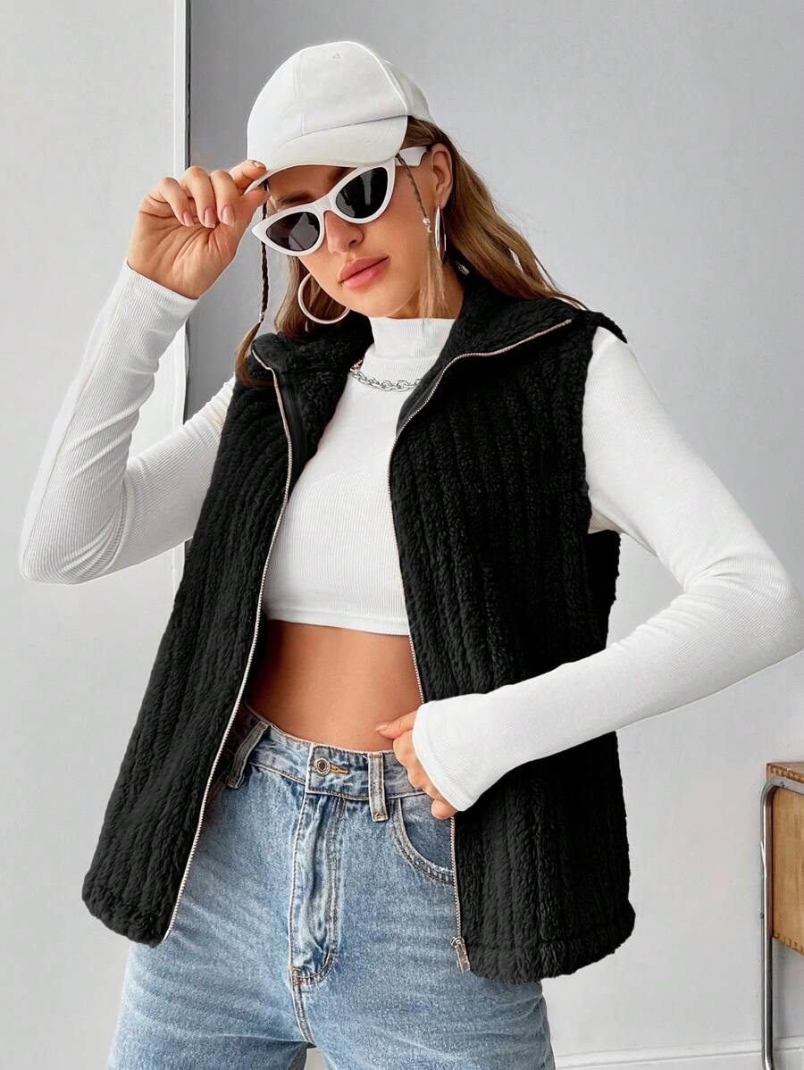 SHEIN EZwear Ladies' Fleece Vest Jacket - Black - View 1