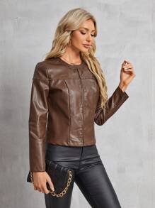 SHEIN LUNE Của phụ nữ chất liệu da PU Áo khoác Trang trí Với - Màu Khaki - Xem 5