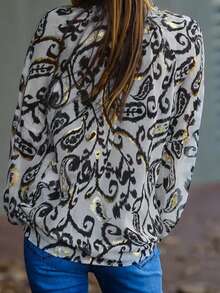Paisley Floral Print Long Sleeve Drawstring V Neck Boho Blouse - Multicolor - View 2