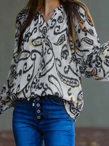 Paisley Floral Print Long Sleeve Drawstring V Neck Boho Blouse - Multicolor - View 4