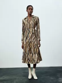 GENKIRA Zebra Print Long Sleeve Women'S Belted Shirt Dress - Multicolor - View 1
