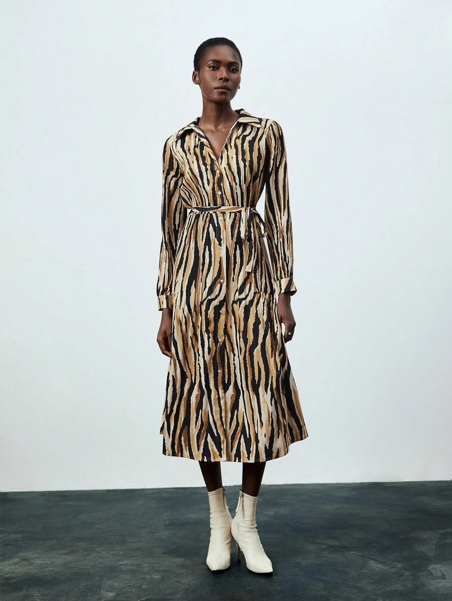 GENKIRA Zebra Print Long Sleeve Women'S Belted Shirt Dress - Multicolor - View 1