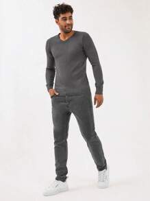 RueChic Men Solid V Neck Sweater - Grey - View 5