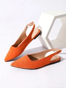 Ladies' Simple Style Faux Suede Pointed Toe Backless Mules With Open Back & Low Block Heel - Orange - View 2