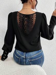 SHEIN Frenchy Của phụ nữ Tay áo dài Áo sơ mi Với Trở lại Ren Vá lại - màu đen - Xem 1