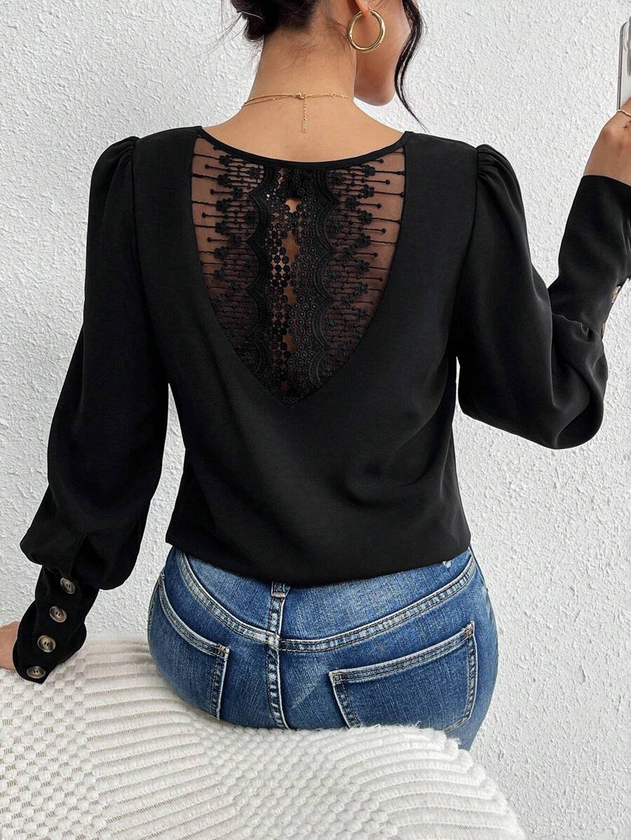 SHEIN Frenchy Của phụ nữ Tay áo dài Áo sơ mi Với Trở lại Ren Vá lại - màu đen - Xem 1