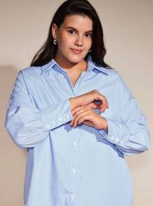 SHEIN BASICS Plus Pinstriped Drop Shoulder Shirt - Blue and White - View 5