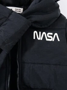 SHEIN Toddler Boys' Casual Comfortable Hooded Jacket With Padding, English Pattern And Scarf Set - Black - View 7