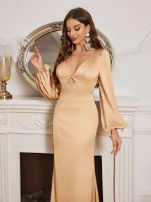SHEIN Belle Women's Elegant Champagne Gold Summer Event Wedding Satin Dress,Backless Strappy Puff Long-Sleeved V-Neck High Waist Fishtail Bridesmaid Long Dress - Apricot - View 6