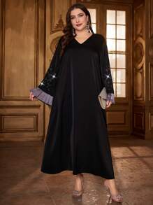 Al Najma 大碼系列對比色擴腳袖鑽石細節連衣裙 - 黑色 - 查看 1