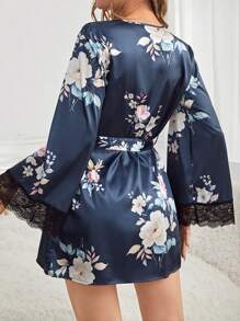 女士花卉印花拼接蕾絲睡衣套裝 - 彩色 - 查看 2
