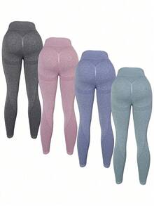 4入組女性無縫高腰有彈性運動打底褲