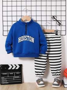 SHEIN 嬰幼兒男童休閒立領長袖衫和條紋彈力腰帶褲子套裝 - 彩色 - 查看 3