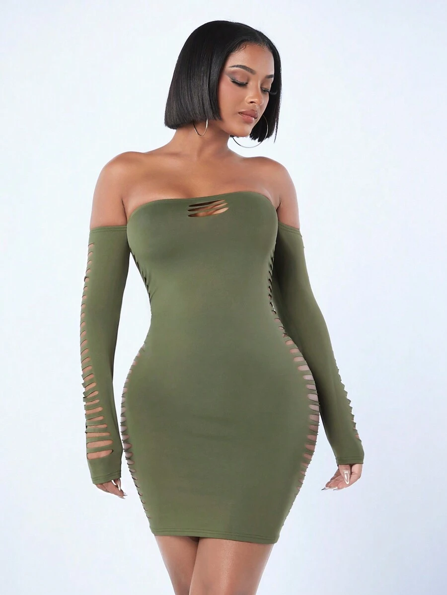 SHEIN SXY Women'S Green Off The Shoulder Hollow Out Mini Dress - Olive Green - View 1