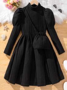 少女高領黑色羊肚袖針織肋紋連衣裙和肩袋 - 黑色 - 查看 1