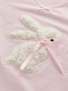 ROMWE Kawaii Của phụ nữ Thỏ & Bowknot Thêu Khăn tắm Chất vải Cổ chữ V Ngắn tay Áo thun - Hồng - Xem 4