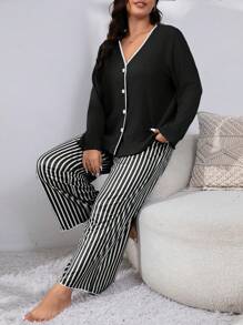 條紋大尺碼女休閒睡衣套裝 - 黑色 - 查看 4