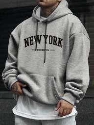 Manfinity Homme 남성용 레터 프린트 후드 드로스트링 스웨트셔츠, 가을용, 긴소매 탑