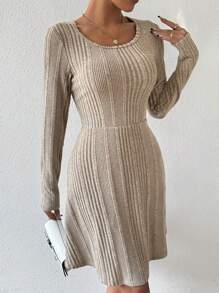 SHEIN Essnce 女修身羅紋長袖連身裙 - 灰色 - 查看 4