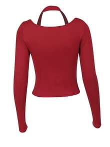 女款修身褶飾掛脖長袖 T 卹 - 紅色 - 查看 2