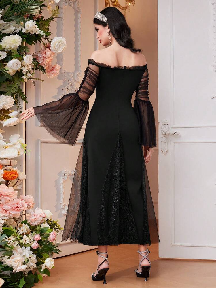 Off-Shoulder Mesh Trumpet Sleeve Dress Long Evening Dresses