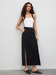 SHEIN BIZwear 女款對比色交叉背心連體衣 - 黑色 - 查看 1