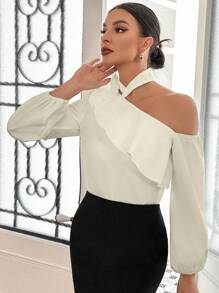 SHEIN Privé Camisa asimétrica con cuello para mujer con decoración de flor en 3D - Albaricoque - Ver 4