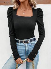 SHEIN Privé 金屬扣裝飾泡泡袖方領t恤 - 黑色 - 查看 5