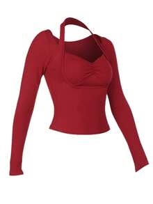 女款修身褶飾掛脖長袖 T 卹 - 紅色 - 查看 3