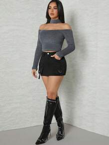 Hauture 領部細節露肩短上衣 - 灰色 - 查看 3