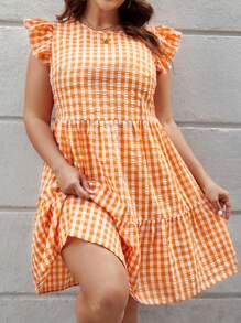 SHEIN LUNE Vestido De Cuadros Vichy Con Borde De Volante Y Talla Grande Para Mujeres - Naranja - Ver 6