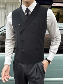 Manfinity Mode 男士藍色貂鼠領雙排扣背心 - 黑色 - 查看 4