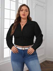 SHEIN Essnce 大尺碼女裝翻領長袖襯衫 - 黑色 - 查看 1