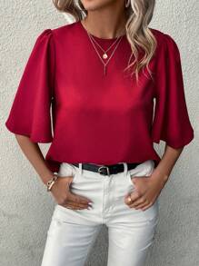 SHEIN Clasi Blusa unicolor de manga mariposa - Burdeos - Ver 5